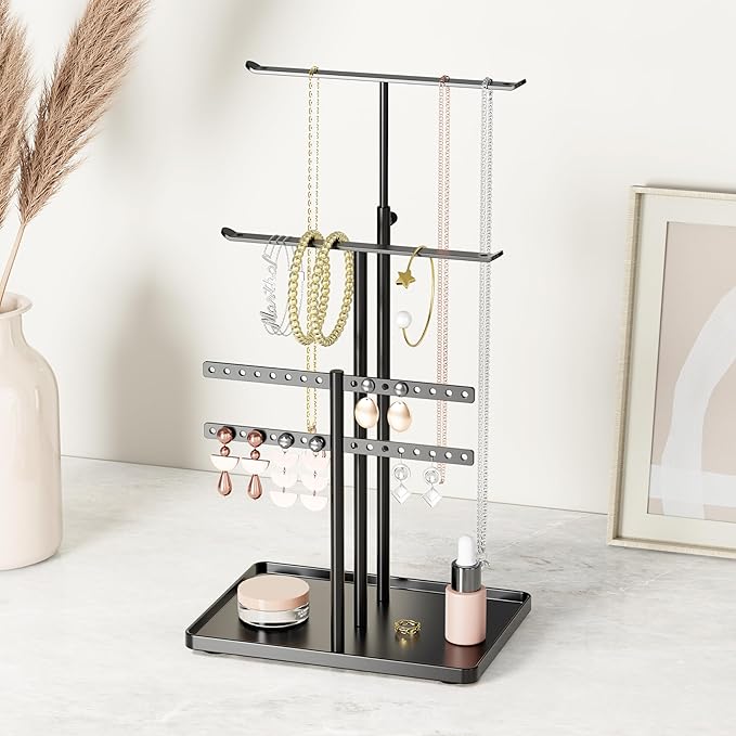 Jewelry Holder Organizer Stand - Adjustable Jewelry Tree 17.5" Height (Max), Jewlery Hanger for Necklaces, Bracelets, Earrings, Aesthetic for Storage and Display, Metal, Black