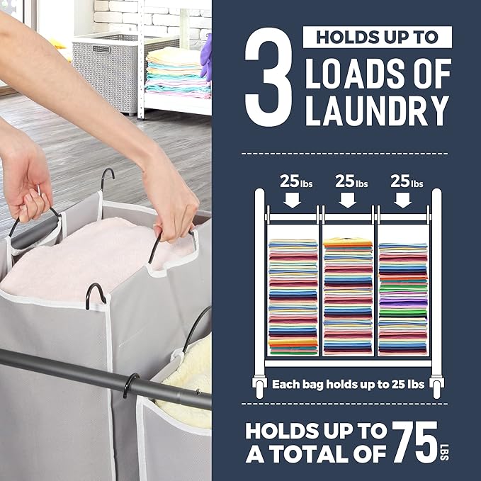 STO STO Laundry Sorter 3 Section, 3 Bag Laundry Hamper, Rolling Laundry Cart, Laundry Basket with Heavy Duty Lockable Wheels and Removable Bag for Clothes Storage, Gray