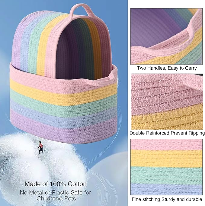 DUHEL Cotton Rope Woven Storage Basket, Used for Baby Hamper Toy Organizer, Gift Baskets Empty,Kids Laundry Basket,Baby Blanket Basket. Size 15x10x8.7 Inches. (Rainbow-3Pcs)