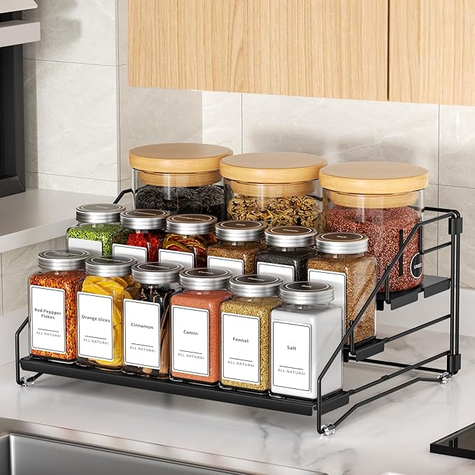 4 Tier Spice Rack for Cabinet, Spice Rack Organizer, Depth Adjustable Spice Holder for Countertop, Cupboard, Pantry, Seasoning Shelf, Metal, Black (1 Pack)