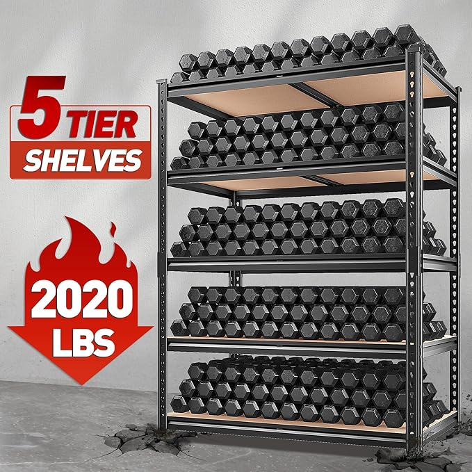 REIBII 2020LBS Storage Shelves 5 Tier Garage Shelving Heavy Duty, Adjustable Metal Shelving, Garage Shelves for Basement, Warehouse, Pantry, Closet, Kitchen 72" H x 35.55" W x 16" D, Black, 4 Pack