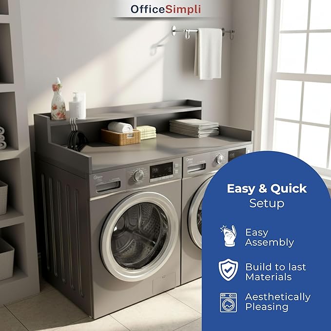 OfficeSimpli Washer Dryer Countertop with Shelf - 27.5 x 54 Inch - Made in USA Laundry Countertop Over Washer and Dryer with Non-Slip Pads, Storage Shelf, Laundry Topper Organizer, Slate Grey