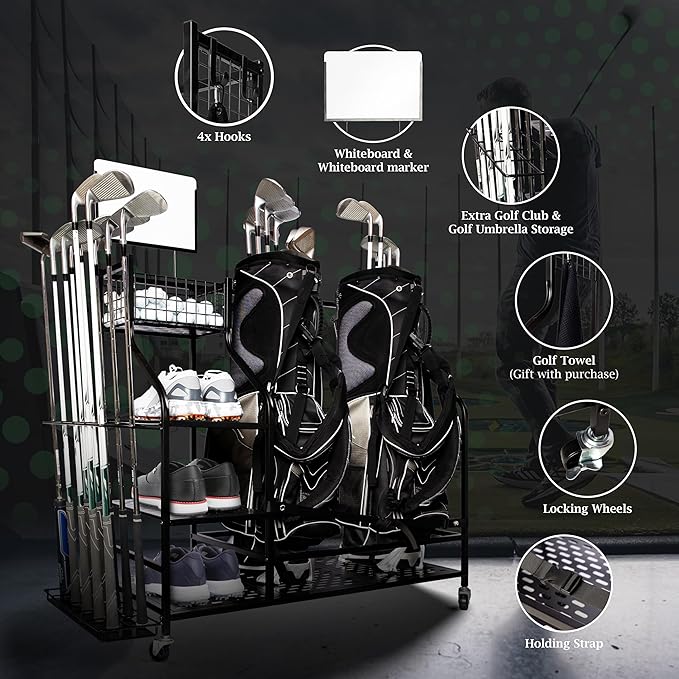 Heavy-Duty Golf Storage Rack for Garage – Holds 2 Golf Bags – Freestanding Organizer with Shelves, Club Stand, Hooks & Basket – Perfect for Shed, Backyard, Home Simulators, Basement