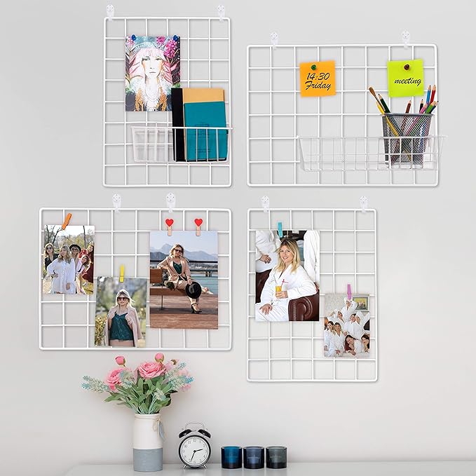 ODOXIA 4-Pack Wire Wall Grid Panel | Photo Grid Wall Decor | Metal Grid Board for Hanging Pictures | Black Wire Grid Organizer for Home, Office & Kitchen | Wall Grid Panel for Display & Storage