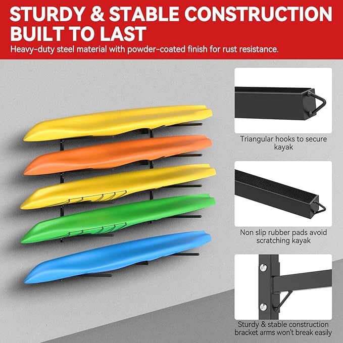Kayak Storage Rack Wall Mount Adjustable 5 Levels Kayak Rack Wall Hanger Holder for Paddle Boards Surfboard Canoe Kayak Paddle Holder for Garage Indoor Outdoor