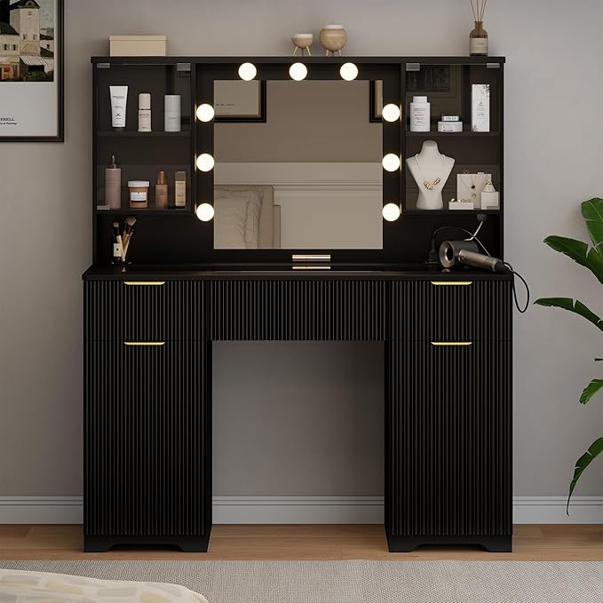 ONME 47.2" Fluted Vanity Desk with Mirror and Lights, Big Vanity with 5 Large Drawers and Adjustable Shelves, Makeup Vanity Table with Glass Top and Charging Station for Women and Girls Bedroom
