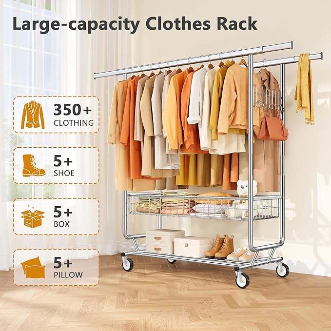 Heavy Duty Clothes Rack with Metal Basket, 720 LBS Rolling Double Rod Garment Rack, Portable Extendable Clothing Rack with Wheel for Bedroom, Laundry Room & Retail Store
