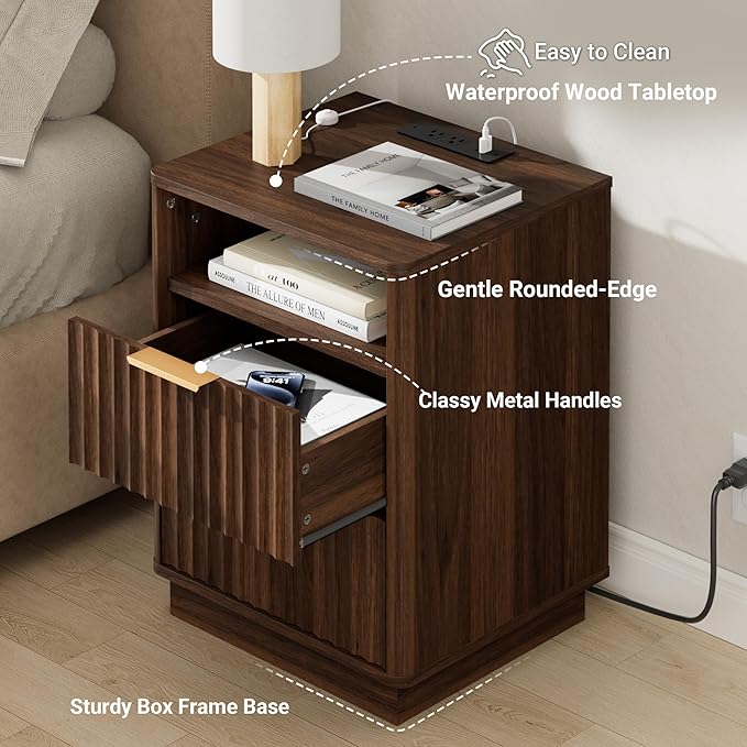 Fluted Night Stand with Charging Station, 18" Mid-Century Modern Nightstand, 2 Drawers End Table with Storage, Bedside Table for Bedroom Sofa Home Office, Curved Profile Design (Walnut)