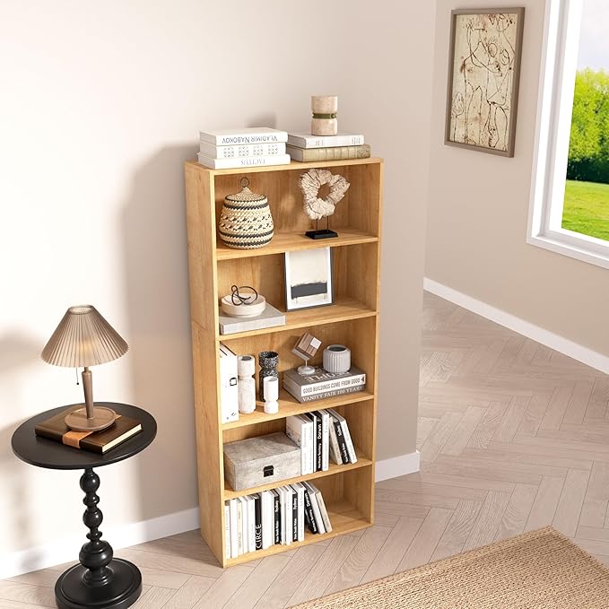 5 Tier Book Shelf,Wooden 5 Cube Storage Organizer,5 Tier Low Bookcase Storage Display Organizer, 54 Inch Versatile Cubes Shelf and Cubby Unit for Any Space (Natural Oak, 5 Cube-W(23.6inch)