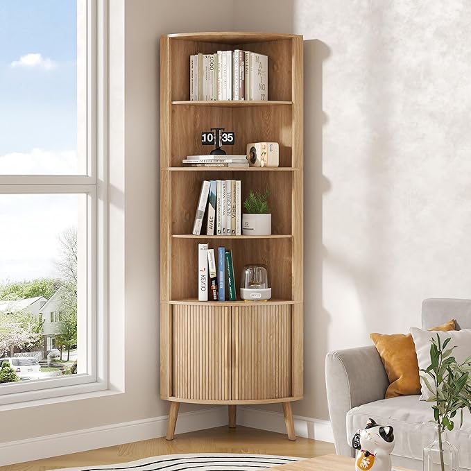 Corner Cabinet, 66.73'' Tall Modern Corner Bathroom Storage Cabinet with 2 Fluted Doors and Shelves, Home Space Saver for Kitchen, Living Room, Study Room (Wood Color, 66.73''H)