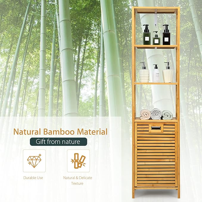 Giantex 63'' Tilt Out Laundry Hamper and 4-Tier Storage Shelves, Removable Clothes Basket with Easy Carry, Bamboo Tower Hamper Organizer, Great for Bathroom, Bedroom, Laundry Room, Closet, Nursery