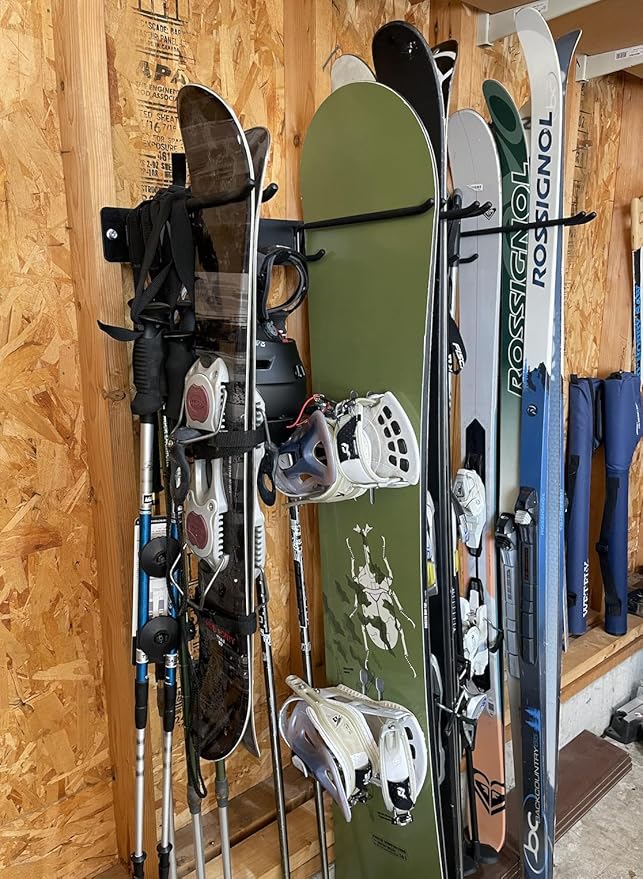 Wall Mount Ski Storage Rack,Garage Snowboard Storage Organizer 4 Pairs Metal Hooks Indoor Outdoor System Organization (Black 1pack)