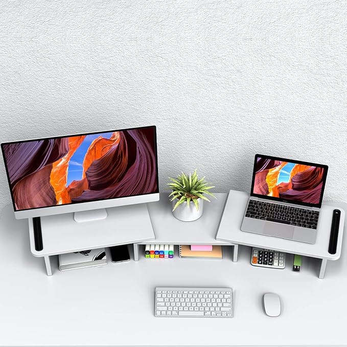 Zimilar Dual Monitor Stand Riser, Monitor Stand with Adjustable Length and Angle, Wood Monitor Stand for Desk, Monitor Riser for 2 Monitors with Storage Space