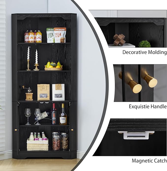 Mid-Century Modern 70" H Tall Coner Storage Cabinet with Doors & Adjustable Shelves, Wood Home Coner Pantry Hutch for Kitchen, Dining Living Room, Bathroom, Antique Dispaly (Black)