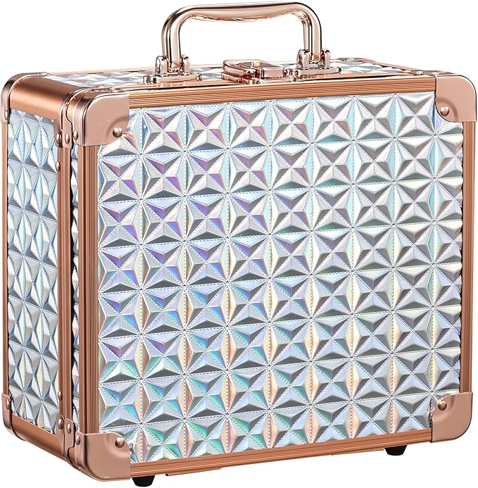 Makeup Train Case with Magnetic LED Mirror Makeup Organizer Box Travel Cosmetic Case with 3 Colors LED Mirror Portable Vanity Make up Suitcase with Lockable Keys Dividers Brush Holder, Silver