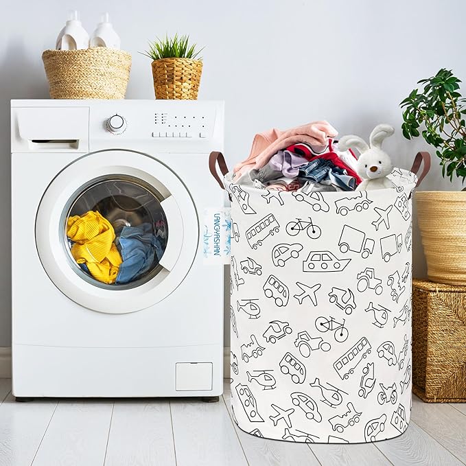 LANGYASHAN Laundry Basket Canvas Fabric Collapsible Organizer Basket for Storage Bin Toy Bins Gift Baskets Bedroom Clothes Children Nursery Hamper (Vehicle)