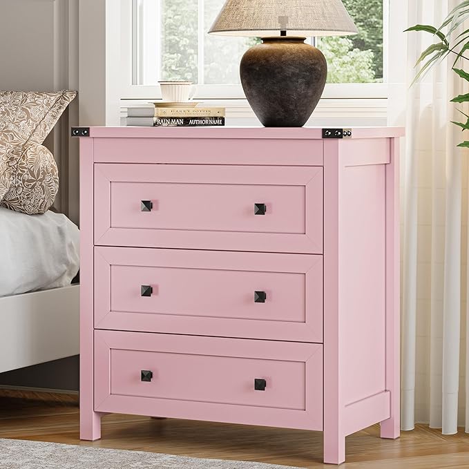 Dresser for Bedroom with 3 Drawers, Small Chests of Drawers, 27.55" Wide Farmhouse Wood Nightstand Bedside Cabinet End Table, Modern Closet Storage Organizer for Living Room, Entryway, Hallway, Pink
