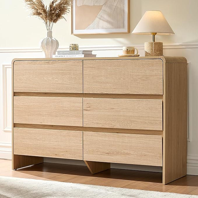 AMERLIFE 6 Drawer Dresser for Bedroom, 49" Long Modern Chest of Storage Drawers with Rounded Corners, Anti-Tip Kit, Wood Cabinet Organizer for Closet, Apartment, Nursery, Easy Assembly, Light Oak