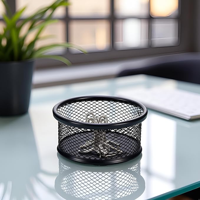 Black Metal Paper Clip Holder Mesh Paperclip Bowl Binder Clip Dispenser Desk Bobby Pin Container Organizer for Home Office Classroom School Desk Supplies Holders