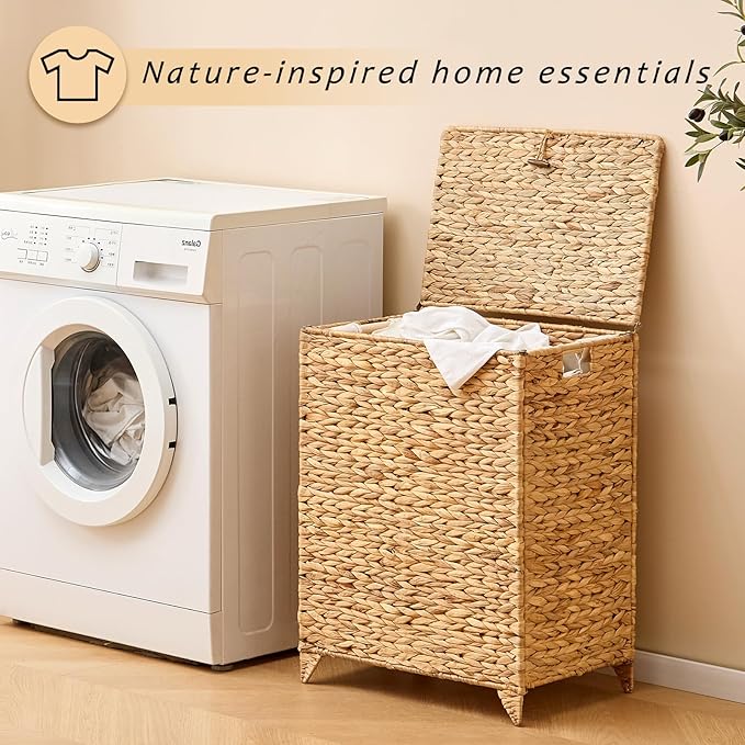 Large Laundry Hamper with Lid, Handwoven Hyacinth Rattan Clothes Hamper with Removable Liner Bag, Heightened Feet Wicker Laundry Basket for Bathroom, Bedroom, Living Room and Laundry