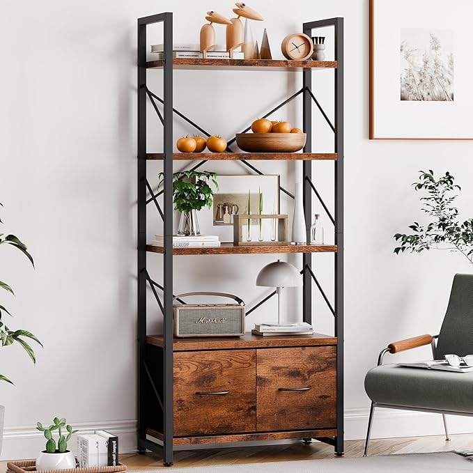 Vongrasig 5 Tier Bookshelf with 2 Drawers, Industrial Tall Bookcase, Modern Display Bookshelves Wood and Metal Shelf, Free Standing Storage Organizer for Office, Living Room, Brown