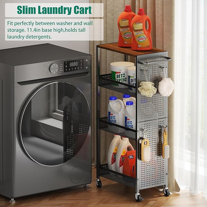 4-Tier Slim Storage Cart with Wheels,Small Mobile Organizer Shelf with Wooden Top & Metal Handle for Kitchen, Laundry Room, Bathroom, Office (Black, 9.1 inch)