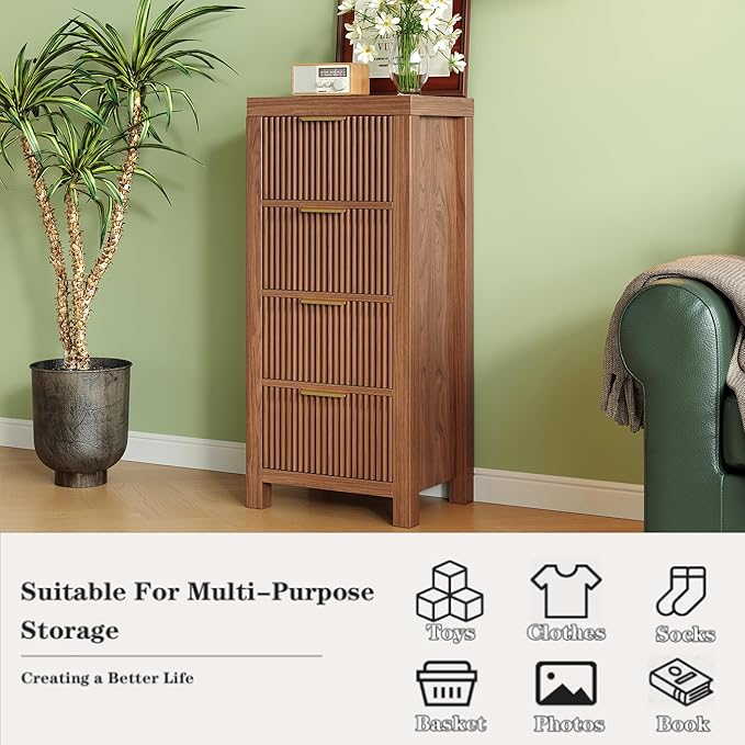 Mid-Century Modern Tall Wooden Dresser with 4 Spacious Drawers, Entryway Storage Chest with Smooth Metal Handles, Bedroom Clothes Organizer for Entryway, Office, and Small Spaces, Walnut