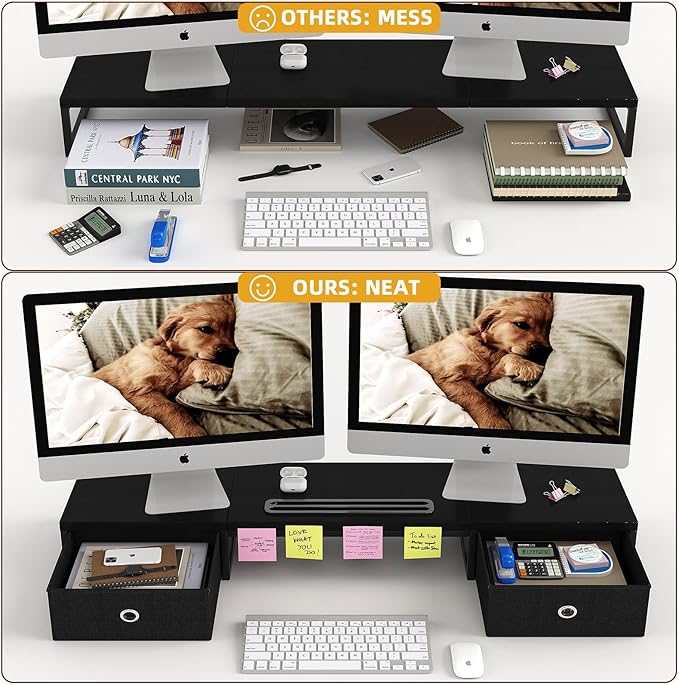 Dual Monitor Stand Riser with 2 Drawers - 39Inch Large Storage Computer Monitor Stands for 2 Monitors, Wooden Desktop Organizer Perfect for Home Office Desk, Computer, Laptop, TV, Black