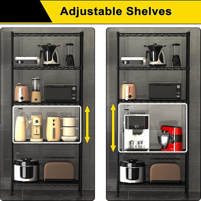 GIOTORENT 5-Wire Garage Shelving Storage Shelves, Kitchen Storage Adjustable Shelf, Metal Shelves 1600Lbs Capacity 36 Lx18 Wx72.2 H for Laundry Bathroom Pantry Closet, Black
