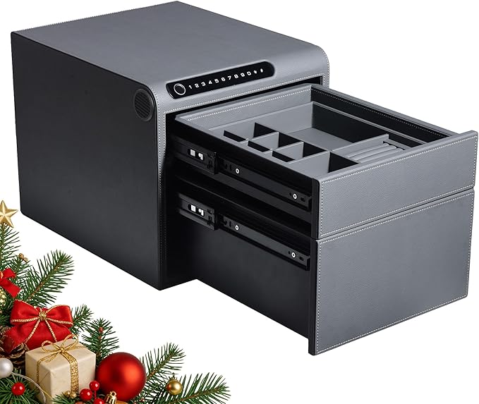 Jewelry Safe with Drawers，Biometric Fingerprint safe, Slide-Away Handgun Safe for Pistols, Leather Wrapped Jewelry Storage Safe, Digital Keypad & Quick-Access Drawer (Grey- 2 Drawer)