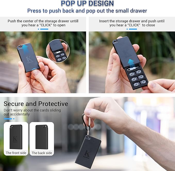 Pop-up Small TF Memory Card Case Holder for 8 TF MSD Cards with Carabiner, Portable Anti-Shock Splash-Proof MicroSD Card Case Storage Protector Organizer Keeper Container, Card Remove Tool Included