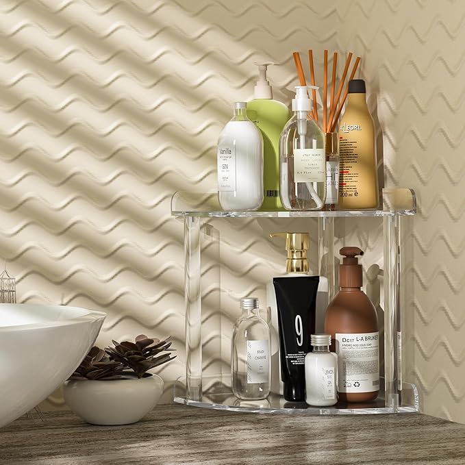 2 Tier Countertop Corner Organizer Shelf 7x7x8 Inch, Acrylic Bathroom Organizer Corner Shelf for Countertop, Clear Vanity Storage Organizer for Skincare, Cosmetics, Perfume