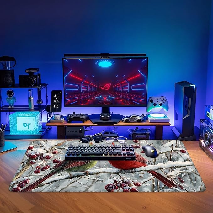Winter Cardinal Bird Gaming Mouse Pad 35.4"x15.7"Desk Mat Anti-Slip Rubber Base & Durable Stitched Edges for Gamers Smooth Mouse Writing Surface for Desk Office/Home
