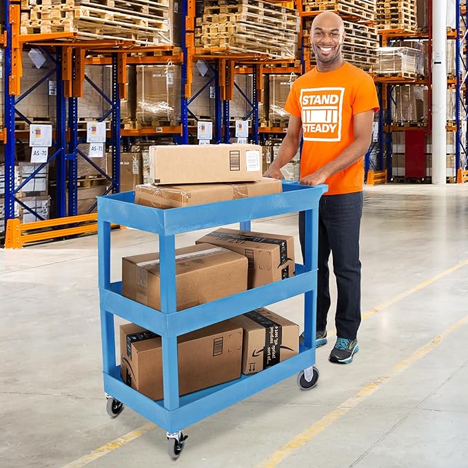 Stand Steady Tubstr 3 Shelf Utility Cart | Made in USA | Heavy Duty Tub Cart Holds Up to 500 lbs. | Storage Cart & Rolling Tool Cart for School, Office, Garage & Warehouse (32 x 24in / Blue)