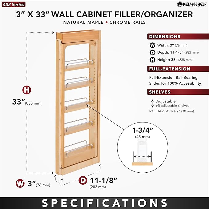 Rev-A-Shelf 3"W x 33"H Pull Out Quad Shelf Organizer for Wall & Base Kitchen Cabinets, Full Extension Filler Spice Rack, Adjustable, Wood, 432-WF33-3C