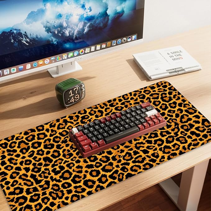 Leopard Print Mouse Pad – Large Extended Desk Mat 35.43 x 15.75 in – Bold Cheetah Animal Pattern, Non-Slip Rubber Base, Waterproof Surface, Fashionable Keyboard & Mouse Pad for Office, Home, or Gaming