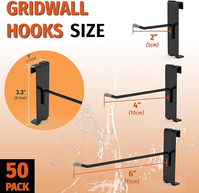 HUHOLE Gridwall Hooks 6 Inch, 50PC Display Hooks for Grid Wall, Hook for Grid Wall Panel, Black