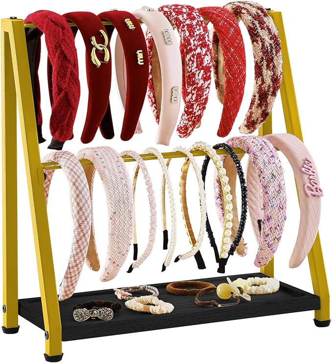 Headband Holder Organizer Metal 2-Tier Display Stand for Selling, Home Bedroom Headband Storage for Girls Women, Headband Stand Wood Base Can Store Hair Ties