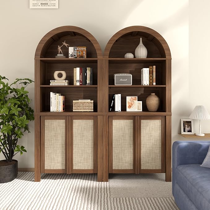 Yechen Arched Bookcase, 70.5" Tall Bookcase with Storage, Mid-Century Modern 5 Tier Bookshelves with Door, Boho Rattan Bookshelf for Living Room Kitchen Office Bedroom Library, Dark Walnut,2 PCS