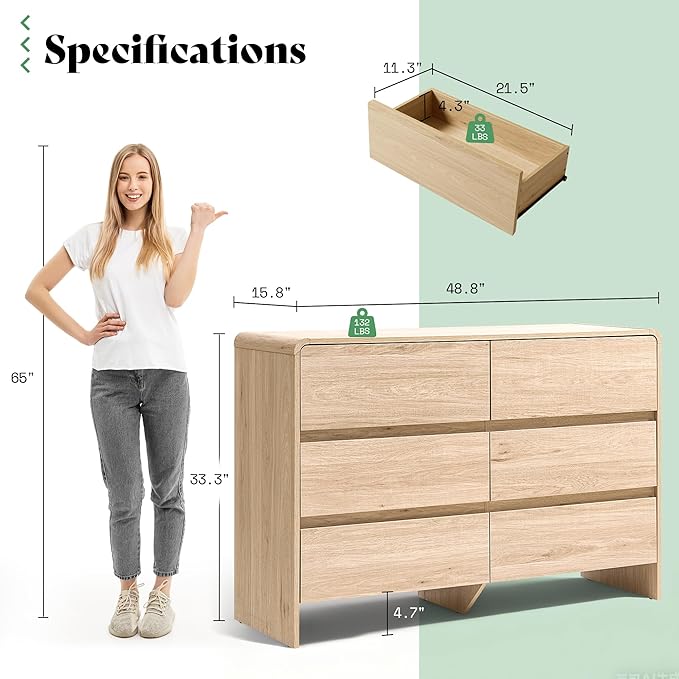 AMERLIFE 6 Drawer Dresser for Bedroom, 49" Long Modern Chest of Storage Drawers with Rounded Corners, Anti-Tip Kit, Wood Cabinet Organizer for Closet, Apartment, Nursery, Easy Assembly, Light Oak