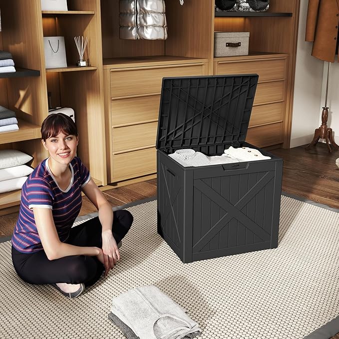 32 Gallon Outdoor Deck Box,Storage Lockable Waterproof Patio Furniture,Garden Tools,Cushions,Pool Accessories Outside Storage Resin Box(Black)