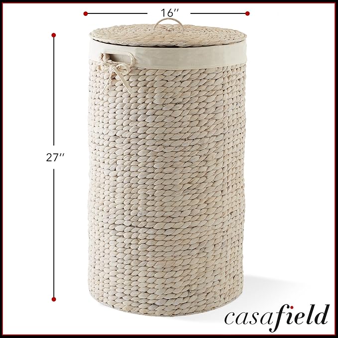 Casafield Round Laundry Hamper with Lid and Removable Liner Bag - Whitewash, Woven Water Hyacinth Wicker Laundry Basket for Clothes and Towels