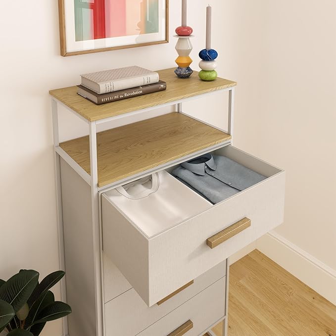 tinge Zana Premium Fabric Dresser - Strong Metal Frame, 4 Spacious Sag-Proof Drawers & Sturdy Wooden Top Shelf - Premium, Sleek & Durable Storage Solution for Your Home (Beige)