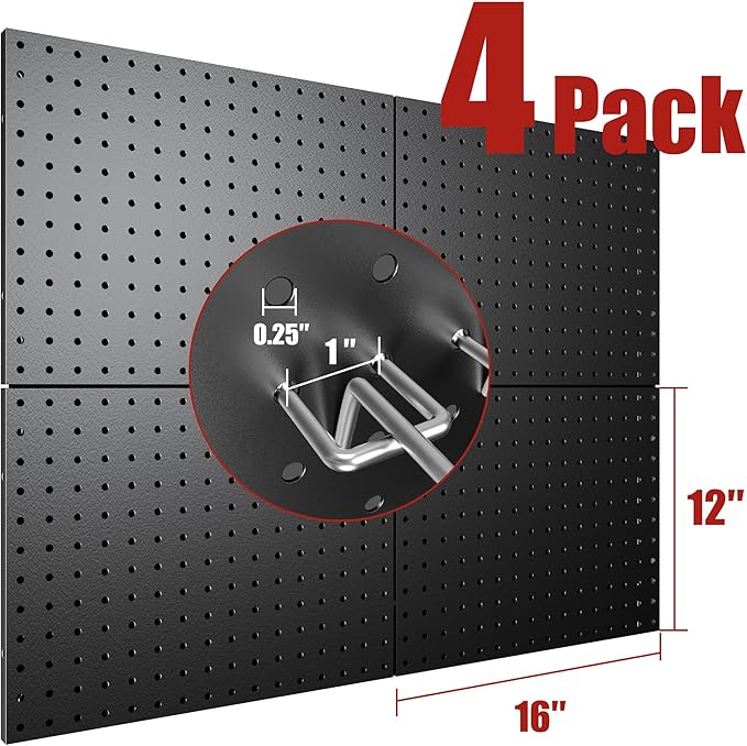 4 Pack Metal Pegboard Panels with 50 Hooks, Black Pegboard Wall Organizer, Pegboard Accessories, Heavy Duty Garage Tool Storage System for Workbench, Workshop, Office, Craft Room