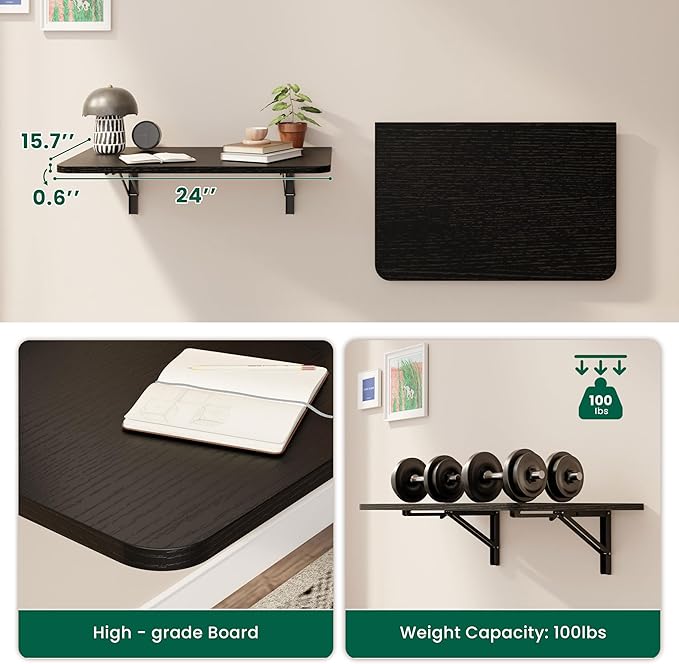 Dogsky Wall Mounted Folding Table, Floating Desk 24x15.7Inch, Fold Down Shelf Wall Mounted with Heavy Iron Brackets, Foldable Table for Launrdy Room, Office Study Work Bench, Kitchen Dining, Black