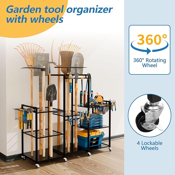 ROGMARS Garden Tool Organizer with Wheels for Garage,49" Heavy Duty 3 Tier Yard Tool Holder Storage Rack with Large Hooks for Shed/Yard/Broom/Lawn/Long-Handled Garden Cart