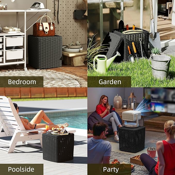 35 Gallon Outdoor Storage Box, Faux Rattan Deck Box with Removable Lid & Lockable Feature, All-Weather Waterproof Storage Bench for Poolside, Garden Tools Delivery Packages, Black