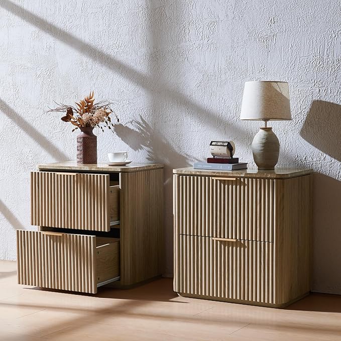 Fluted Nightstand with 2 Drawers, Bedside Table with Faux Marble-Top, Engineered Wood End Table with Curved Corners, Metal Handle, Modern Night Stand for Bedroom, Small Spaces, Natural Oak