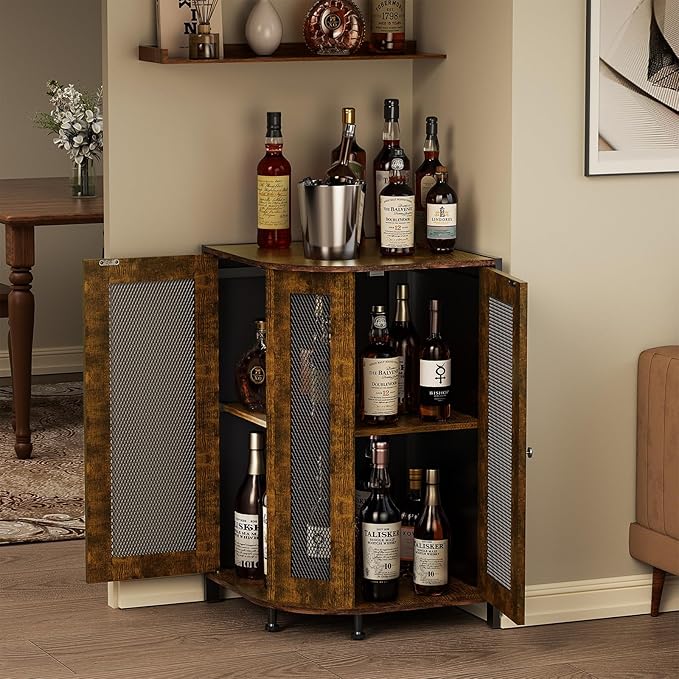 JKsmart Corner Storage Cabinet with Open Shelf, 3-Tier Industrial Wine Bar Shelf with Door, Industrial Corner Cabinet for Kitchen, Living Room, Dining Room, Rustic Brown