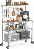 Leteuke Bakers Rack with Storage & Wheels, 42 Inch Microwave Stand Kitchen Shelves, 4-Tier Heavy Duty Storage Rack with 20 S-Hooks, Commercial Metal Utility Kitchen Cart, 42× 18× 63 Inch, Chrome